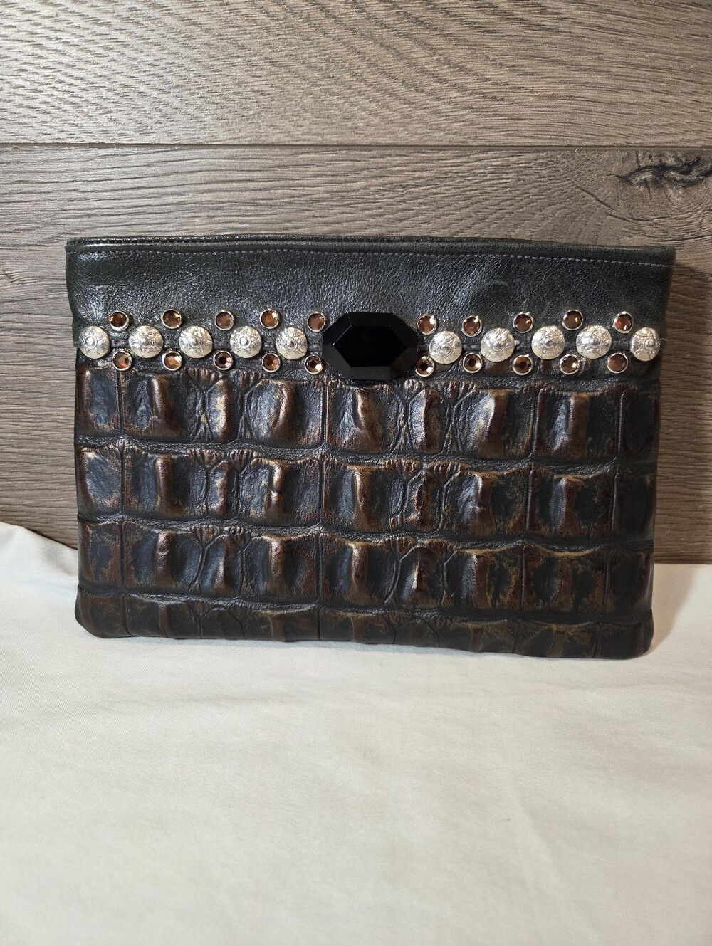 KurtMen Design Croc-Embossed Leather Clutch Gemstone Accents